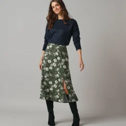 Rok<Lora Zellini Lange rok met split, bloemenprint kaki / ecru