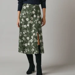 Rok<Lora Zellini Lange rok met split, bloemenprint kaki / ecru