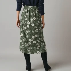 Rok<Lora Zellini Lange rok met split, bloemenprint kaki / ecru