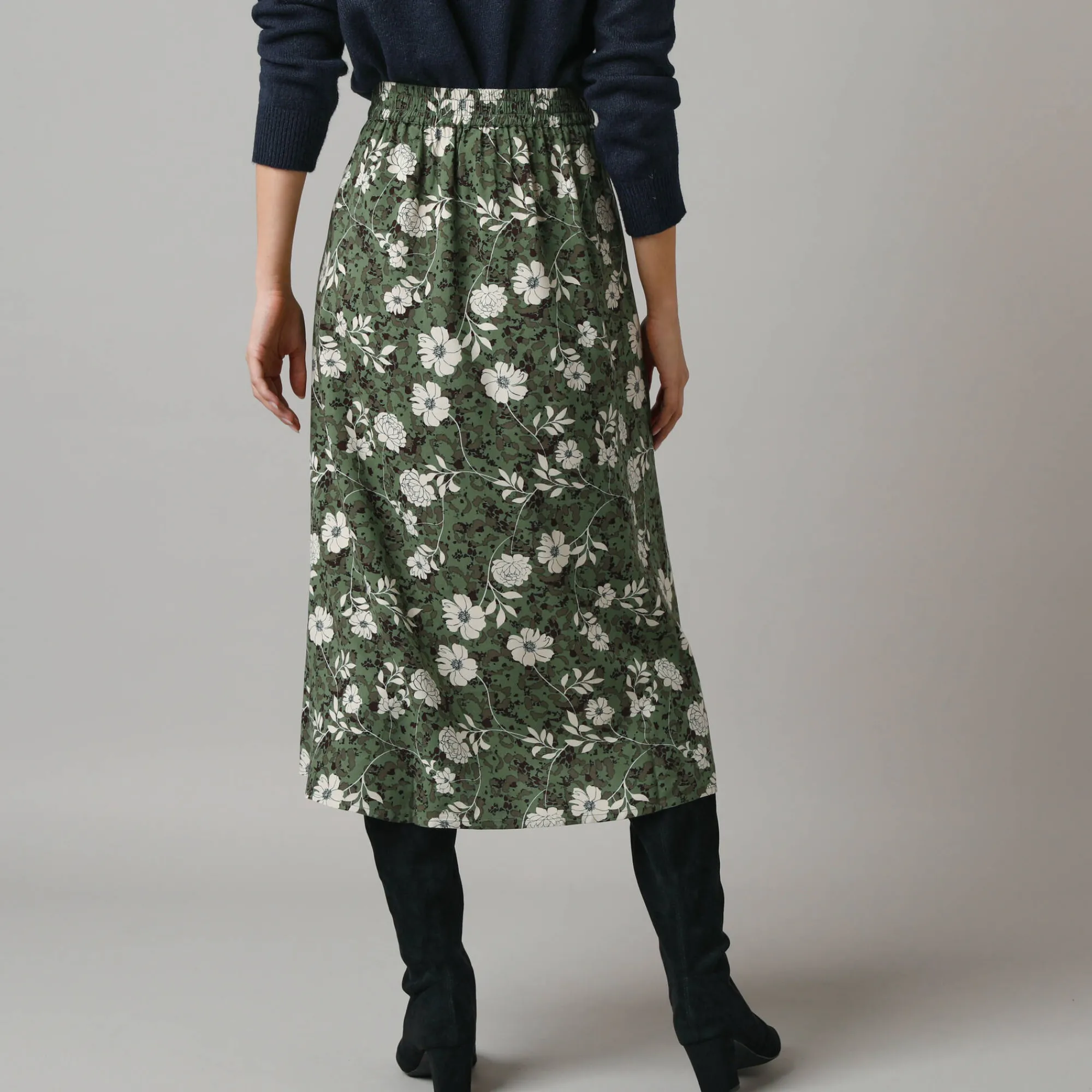 Rok<Lora Zellini Lange rok met split, bloemenprint kaki / ecru