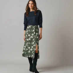 Rok<Lora Zellini Lange rok met split, bloemenprint kaki / ecru