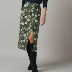 Rok<Lora Zellini Lange rok met split, bloemenprint kaki / ecru