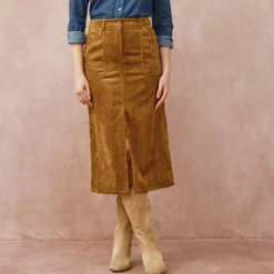 Rok<Blancheporte Lange rok met split, ribvelours havanna