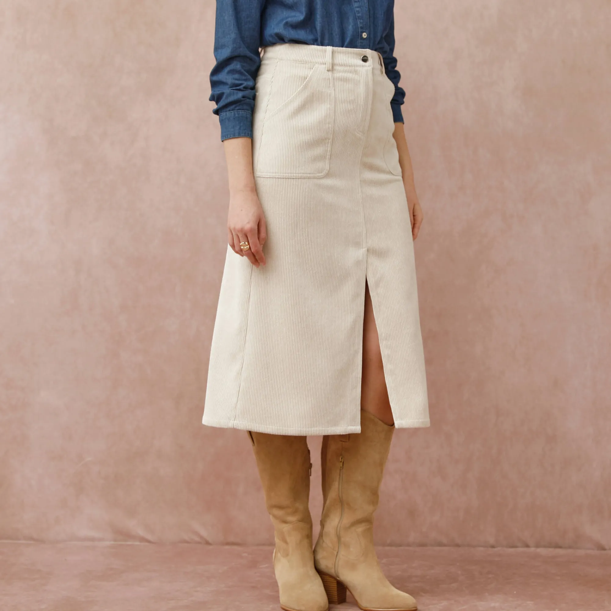 Rok<Blancheporte Lange rok met split, ribvelours grijsbeige