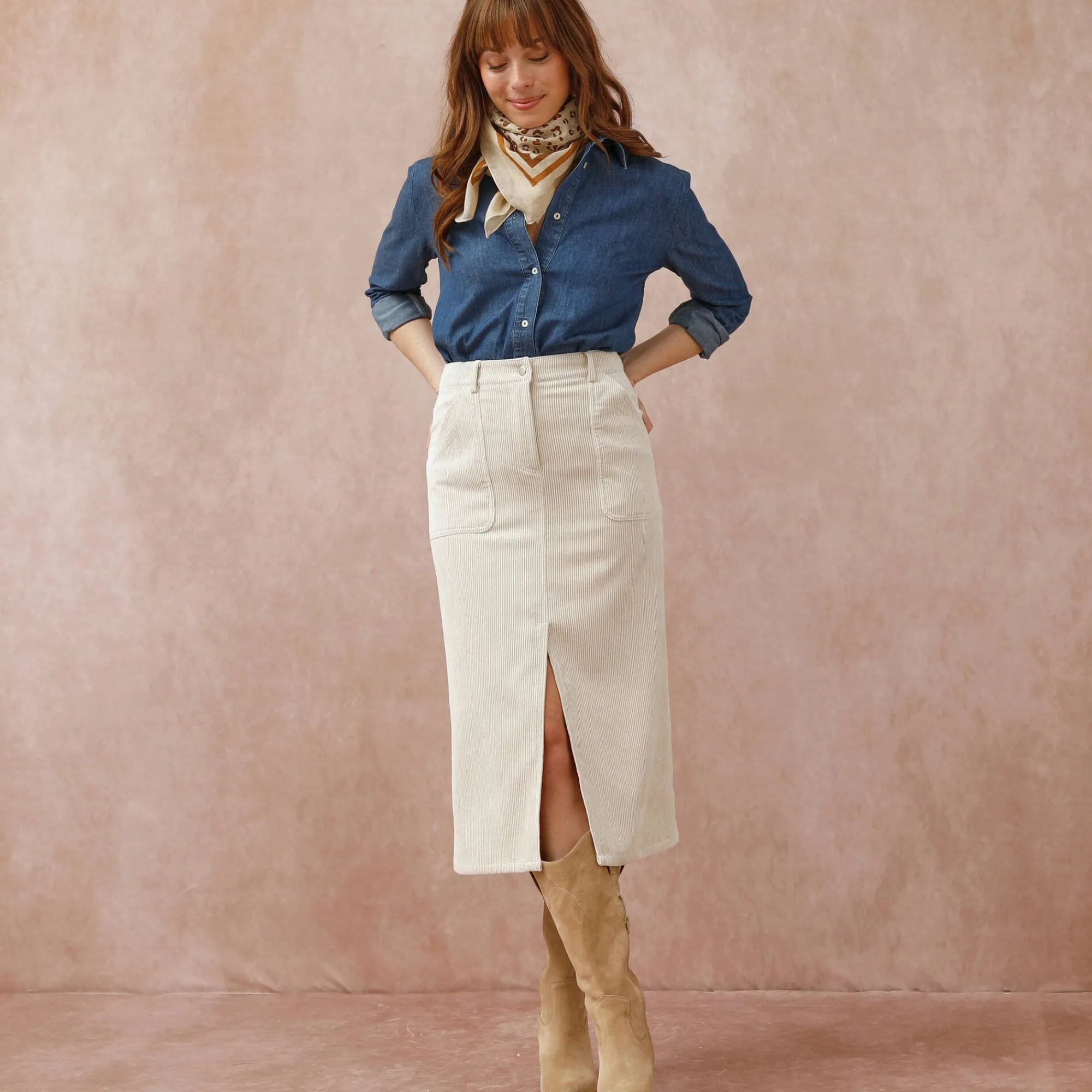 Rok<Blancheporte Lange rok met split, ribvelours grijsbeige