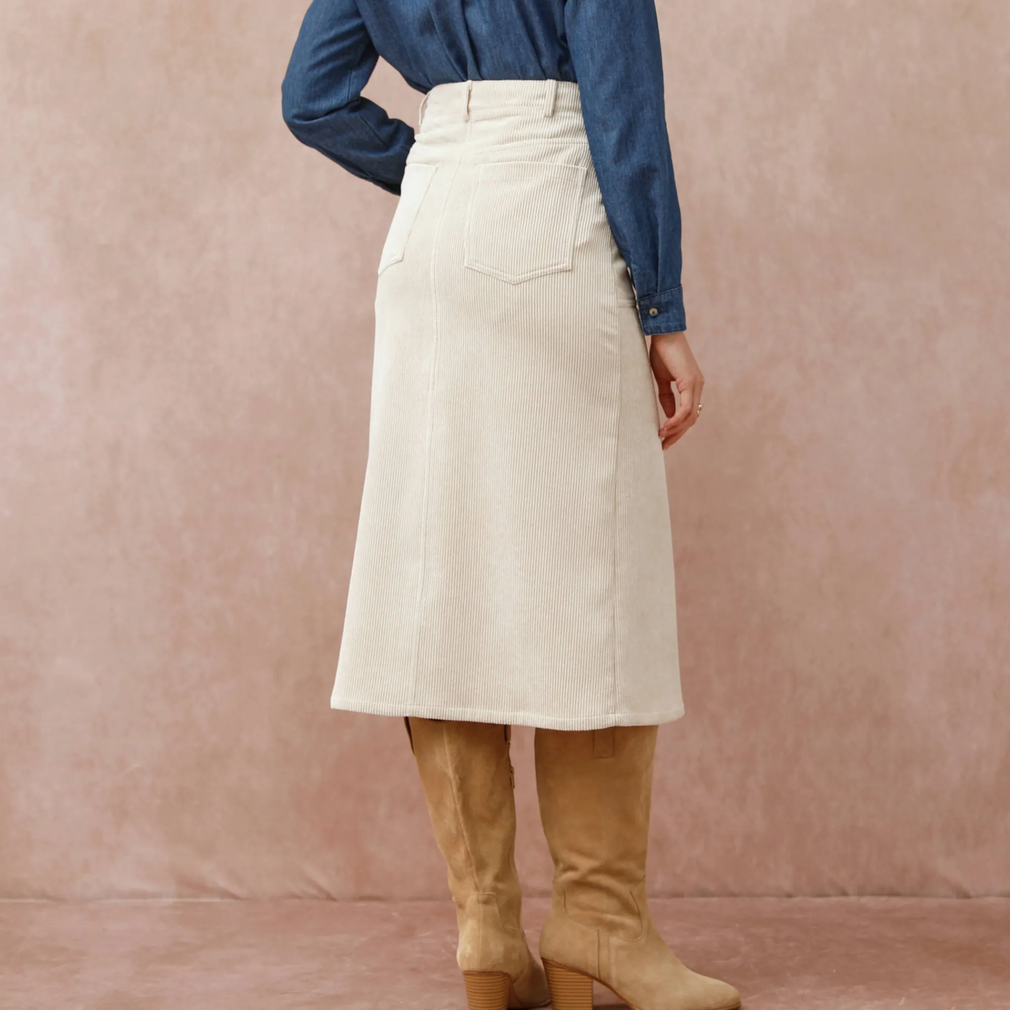 Rok<Blancheporte Lange rok met split, ribvelours grijsbeige