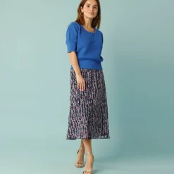 Rok<Blancheporte Lange rok voor Kleine Lengtes, bedrukte voile marine / ecru