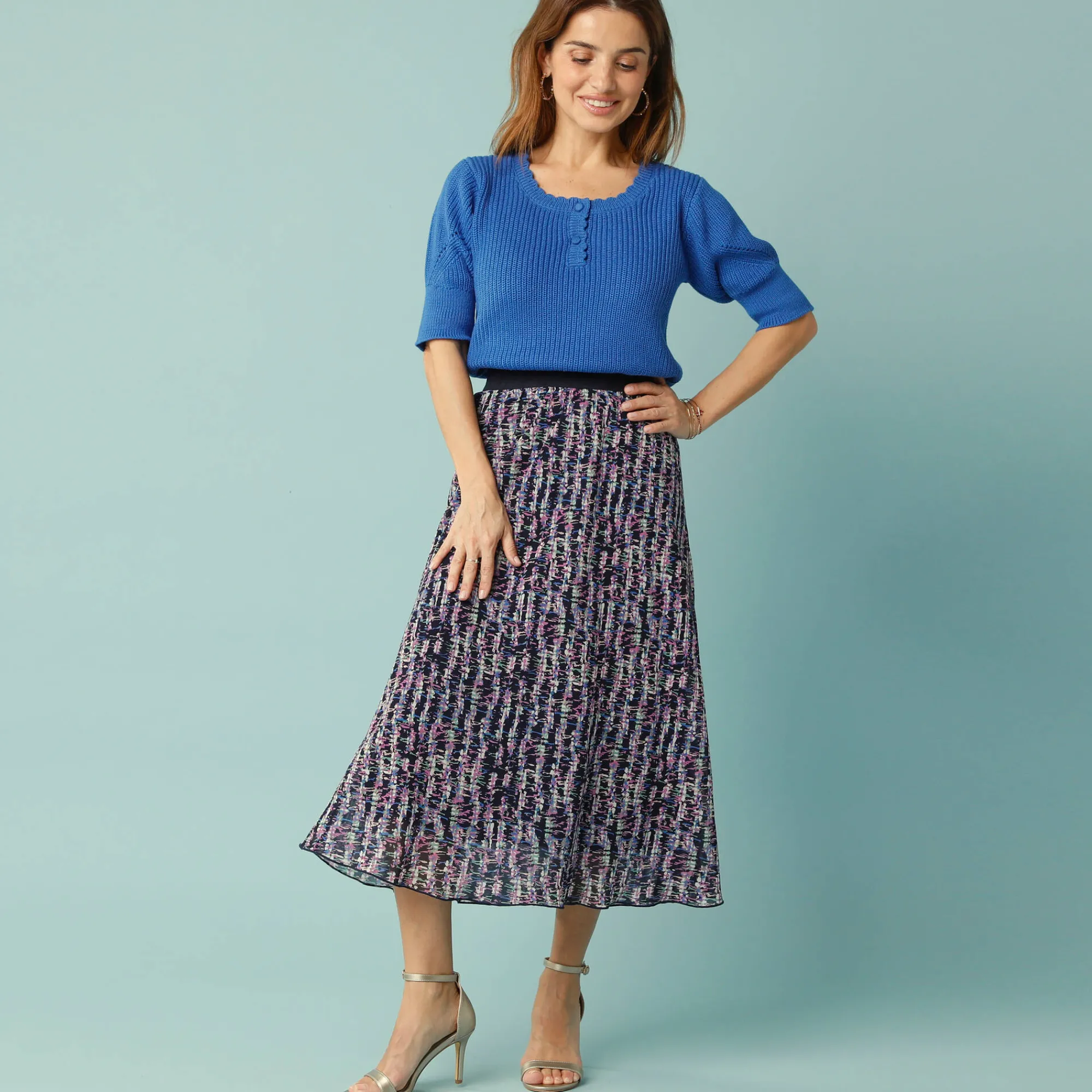 Rok<Blancheporte Lange rok voor Kleine Lengtes, bedrukte voile marine / ecru