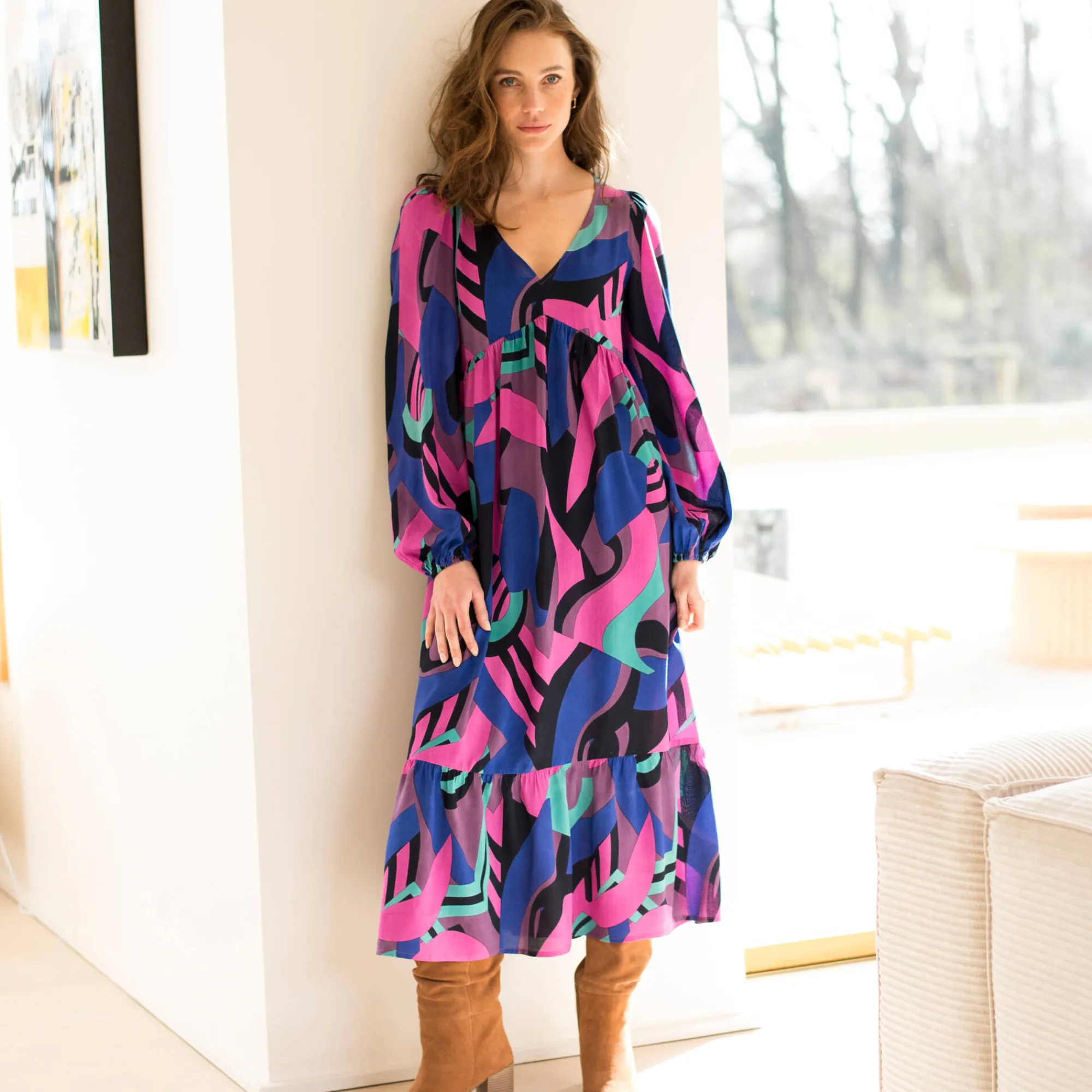 Jurk<Blancheporte Lange, soepele en bedrukte jurk met V-hals, viscose marine / violine