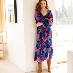 Jurk<Blancheporte Lange, soepele en bedrukte jurk met V-hals, viscose marine / violine