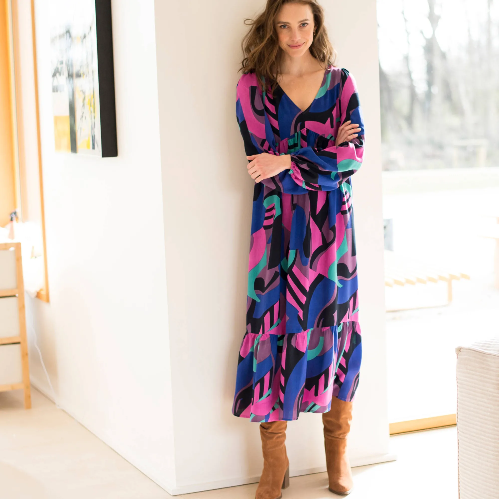 Jurk<Blancheporte Lange, soepele en bedrukte jurk met V-hals, viscose marine / violine