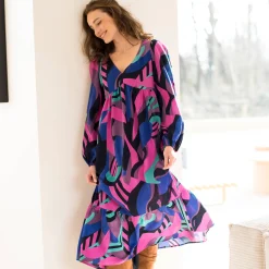Jurk<Blancheporte Lange, soepele en bedrukte jurk met V-hals, viscose marine / violine