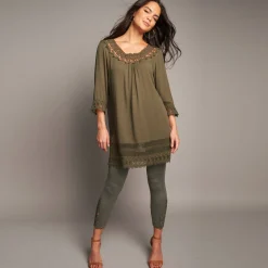 Bloes En Tuniek<Blancheporte Lange tuniek met macramé en 3/4-mouwen kaki
