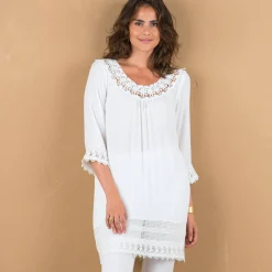 Bloes En Tuniek<Blancheporte Lange tuniek met macramé en 3/4-mouwen wit