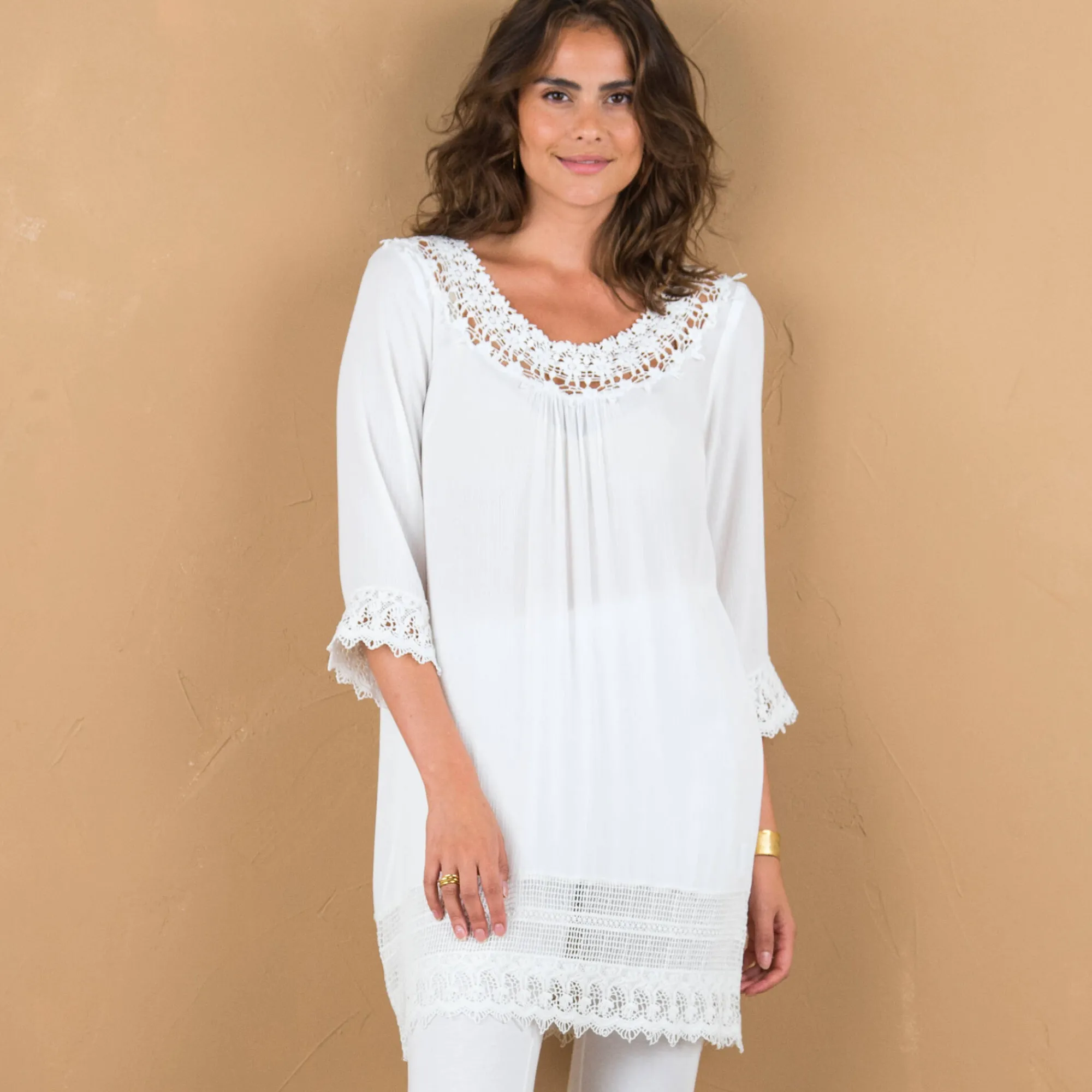 Bloes En Tuniek<Blancheporte Lange tuniek met macramé en 3/4-mouwen wit
