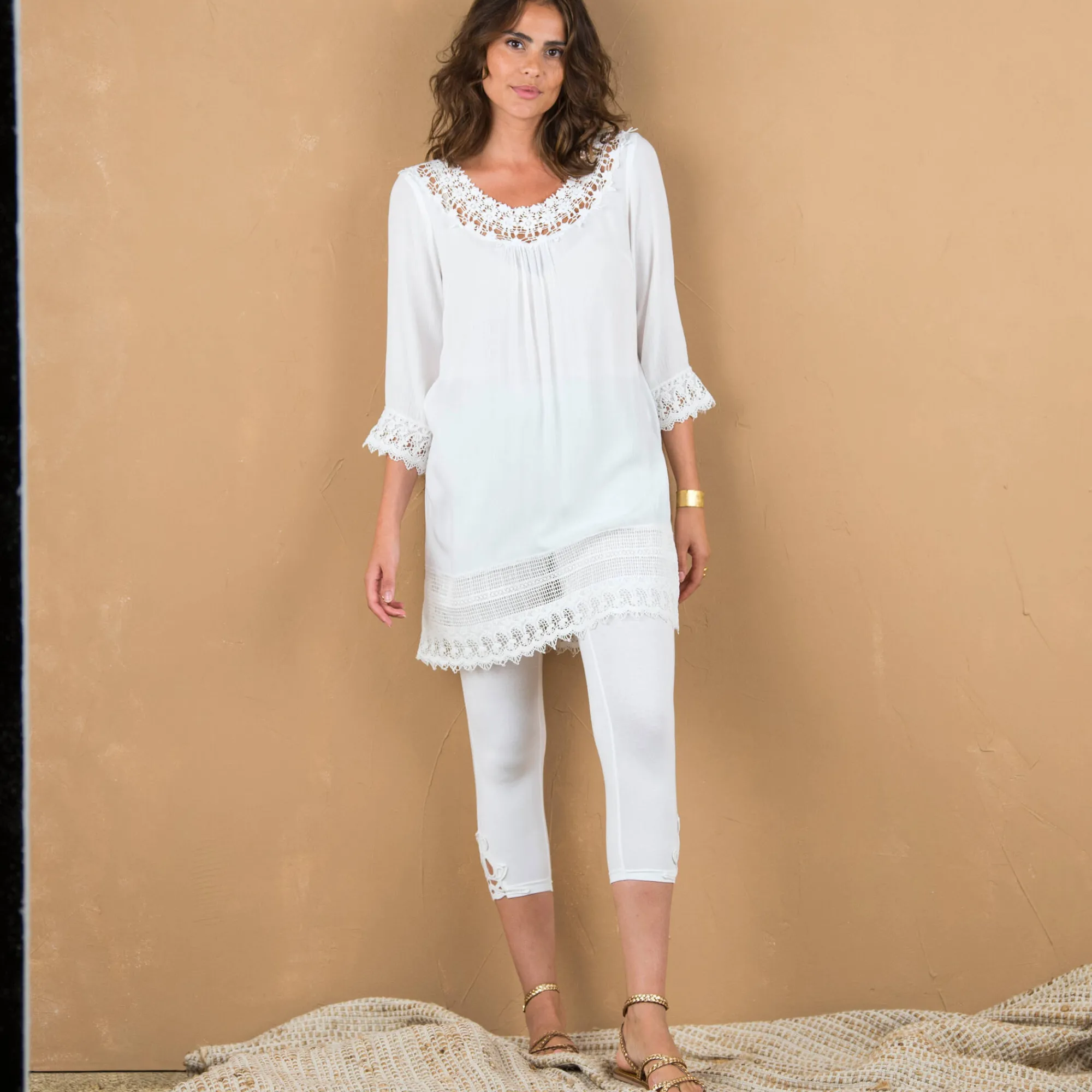 Bloes En Tuniek<Blancheporte Lange tuniek met macramé en 3/4-mouwen wit