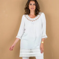 Bloes En Tuniek<Blancheporte Lange tuniek met macramé en 3/4-mouwen wit