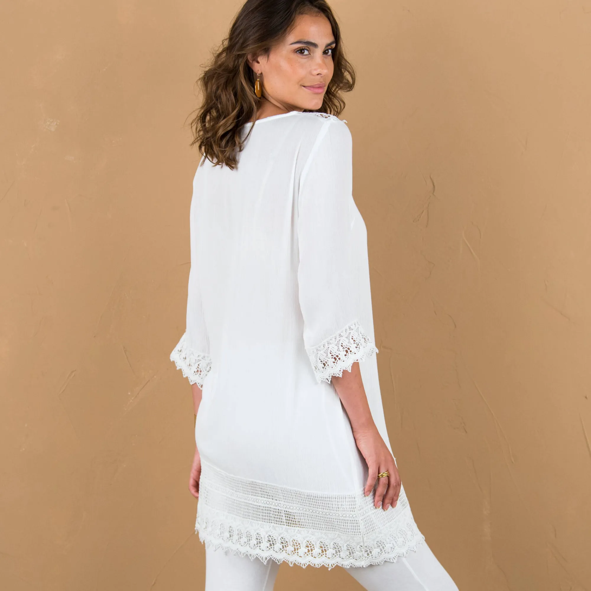 Bloes En Tuniek<Blancheporte Lange tuniek met macramé en 3/4-mouwen wit