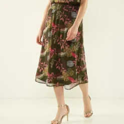 Rok<Blancheporte Lange, uitlopende en bedrukte rok bronskleur / roze