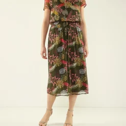 Rok<Blancheporte Lange, uitlopende en bedrukte rok bronskleur / roze
