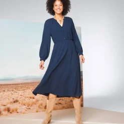 Jurk<Blancheporte Lange, uitlopende jurk, bloezende mouwen marine