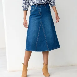Rok<Blancheporte Lange, uitlopende rok in jeans stone used