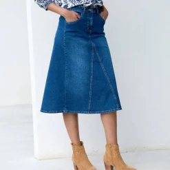 Rok<Blancheporte Lange, uitlopende rok in jeans stone used