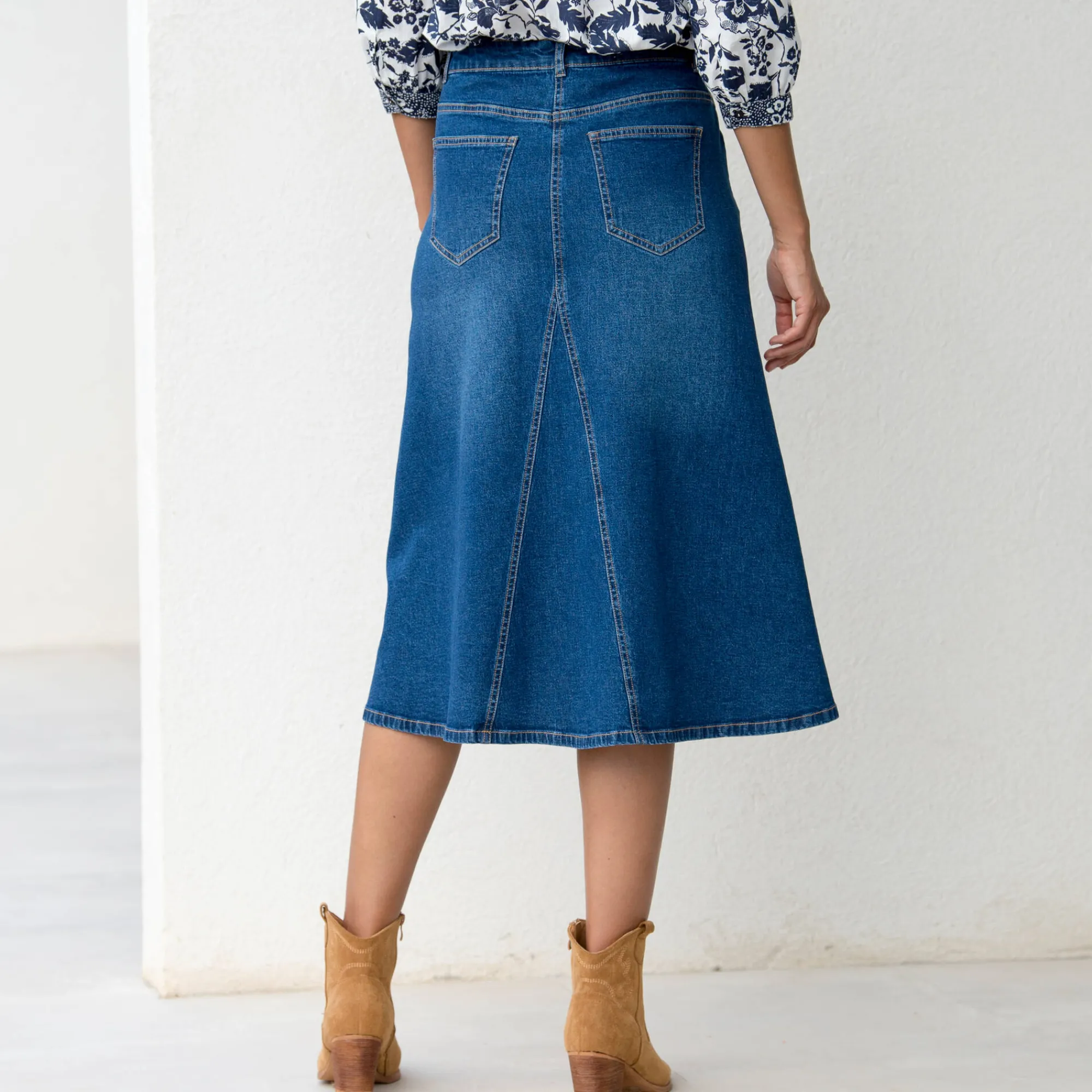 Rok<Blancheporte Lange, uitlopende rok in jeans stone used