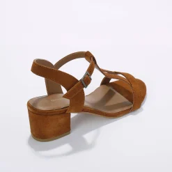 Sandalen En Espadrilles|Schoenen<Blancheporte Leren sandalen met riempjes en hak, LWG-gecertificeerd karamel