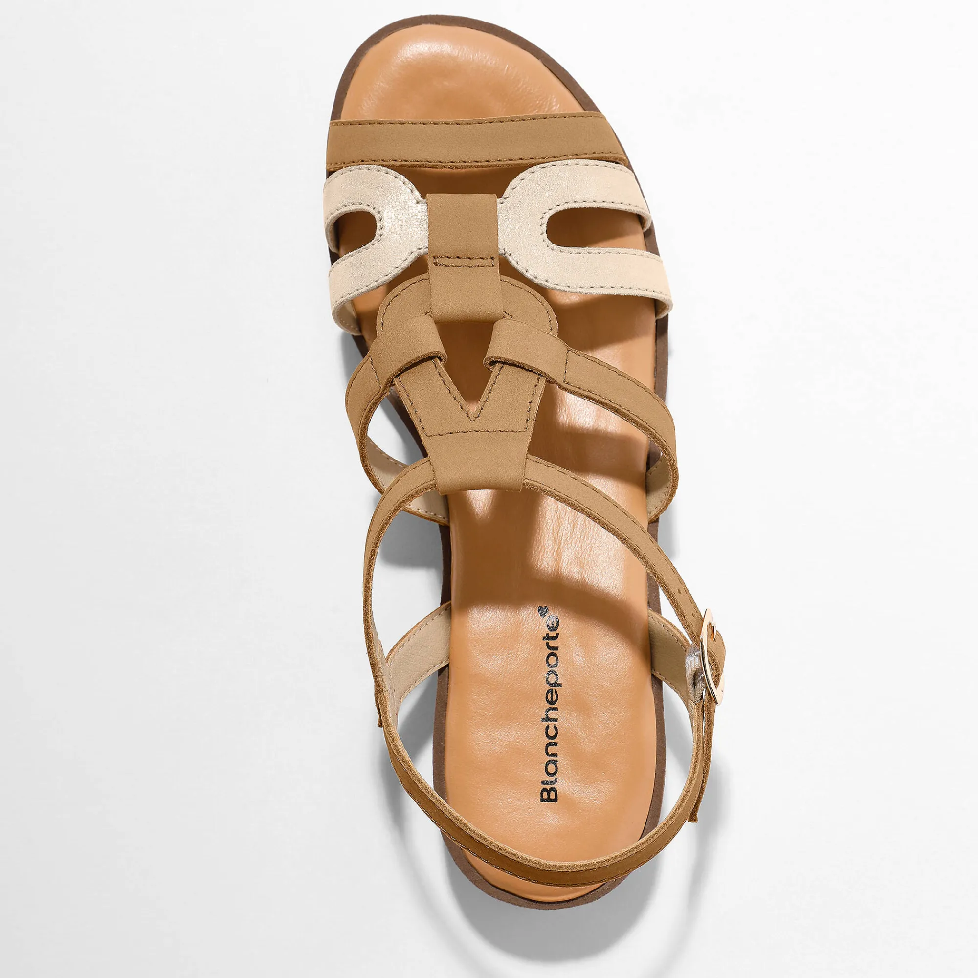 Sandalen En Espadrilles|Schoenen<Blancheporte Leren sandalen met sleehak, 2 materialen bruin / goudkleurig