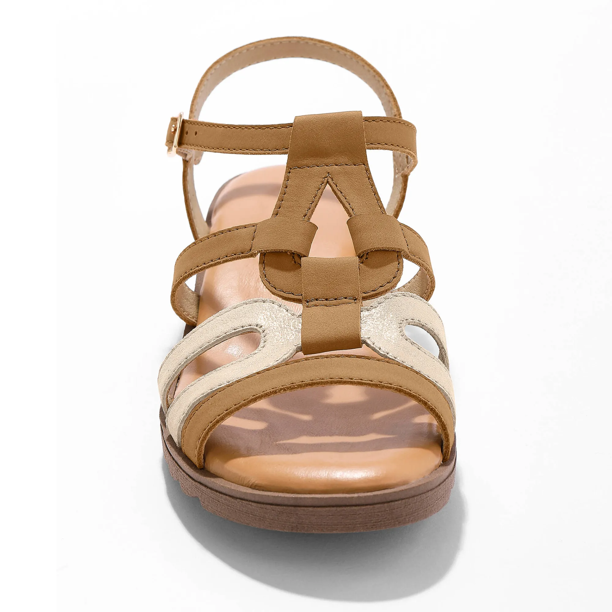 Sandalen En Espadrilles|Schoenen<Blancheporte Leren sandalen met sleehak, 2 materialen bruin / goudkleurig