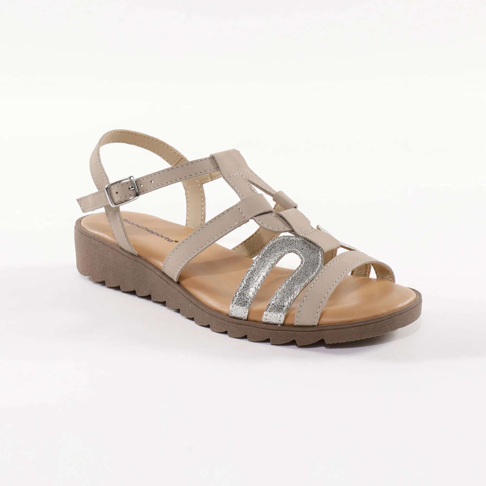 Sandalen En Espadrilles|Schoenen<Blancheporte Leren sandalen met sleehak, 2 materialen beige