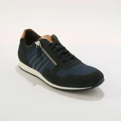 Schoenen|Schoenen Heren<Blancheporte Leren sneakers in 2 materialen, veters en rits marine