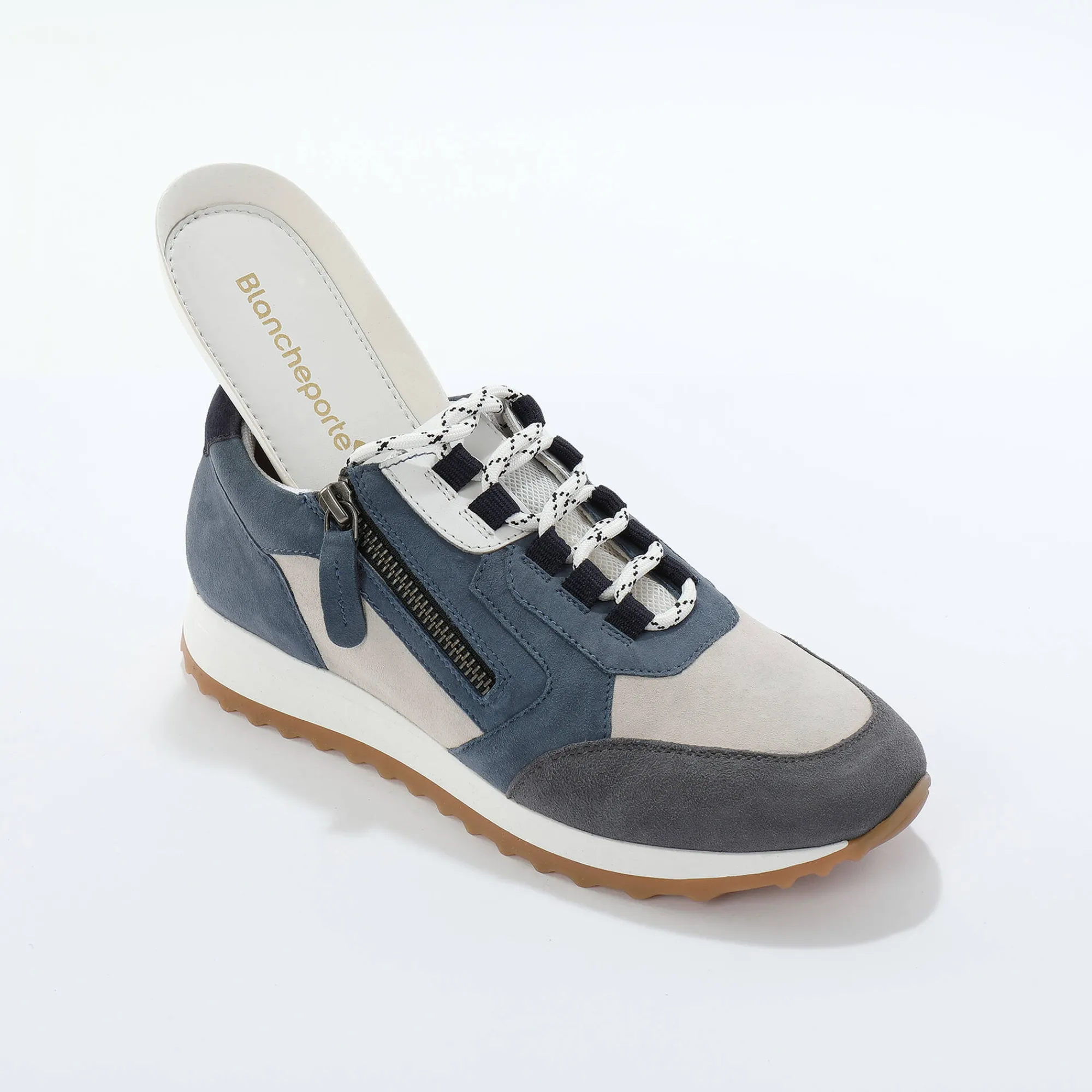 Baskets En Sneakers|Schoenen<Blancheporte Leren sneakers met contrasterende fantasiepasjes grijsblauw