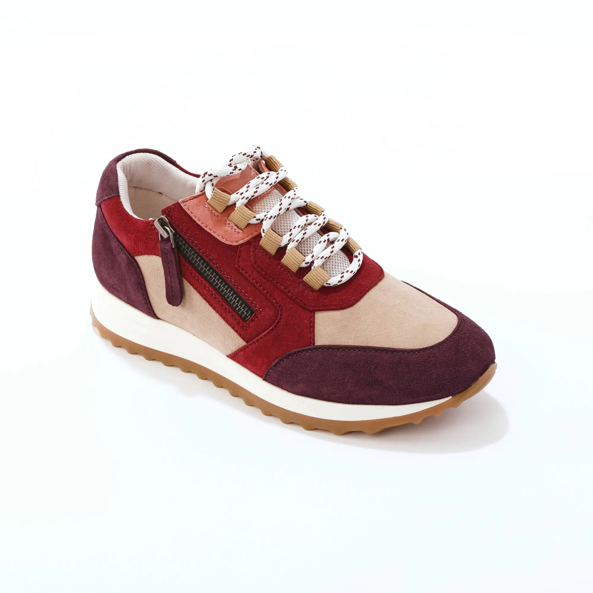Baskets En Sneakers|Schoenen<Blancheporte Leren sneakers met contrasterende fantasiepasjes beige / bordeaux
