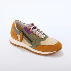Baskets En Sneakers|Schoenen<Blancheporte Leren sneakers met contrasterende fantasiepasjes kaki / beige