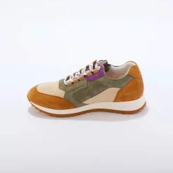 Baskets En Sneakers|Schoenen<Blancheporte Leren sneakers met contrasterende fantasiepasjes kaki / beige