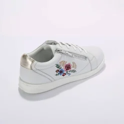 Baskets En Sneakers|Schoenen<Blancheporte Leren sneakers met rits en bloemenborduursel wit
