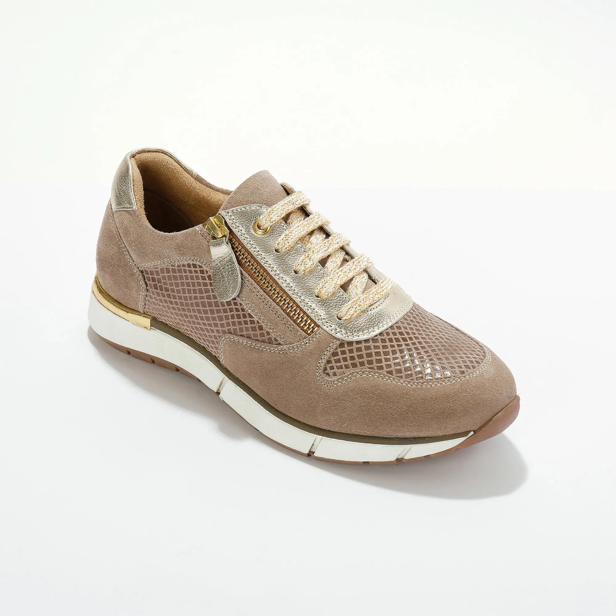 Baskets En Sneakers|Schoenen<Blancheporte Leren sneakers met rits en veters beige