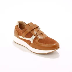 Baskets En Sneakers|Schoenen<Blancheporte Leren sneakers met sleehak, rits- en scratchsluiting karamel