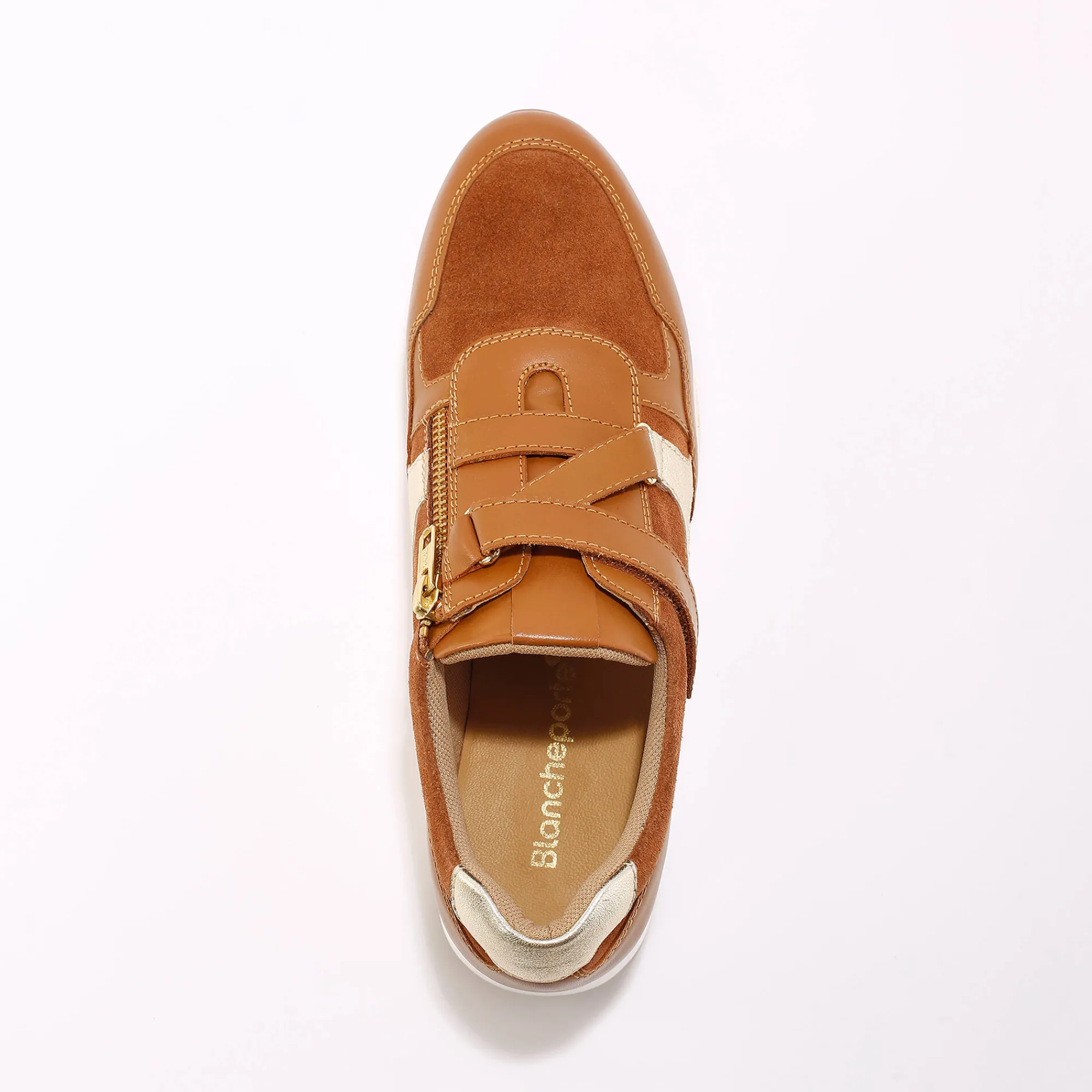 Baskets En Sneakers|Schoenen<Blancheporte Leren sneakers met sleehak, rits- en scratchsluiting karamel