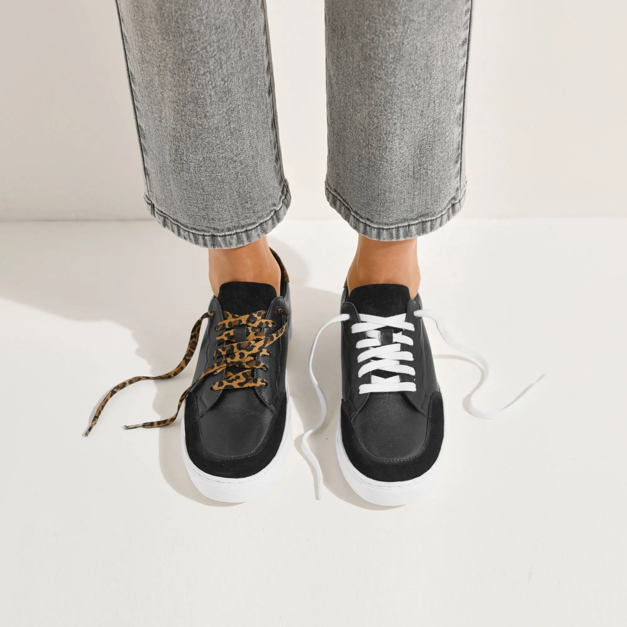 Baskets En Sneakers|Schoenen<Blancheporte Leren sneakers met veters, 2 paar veters zwart