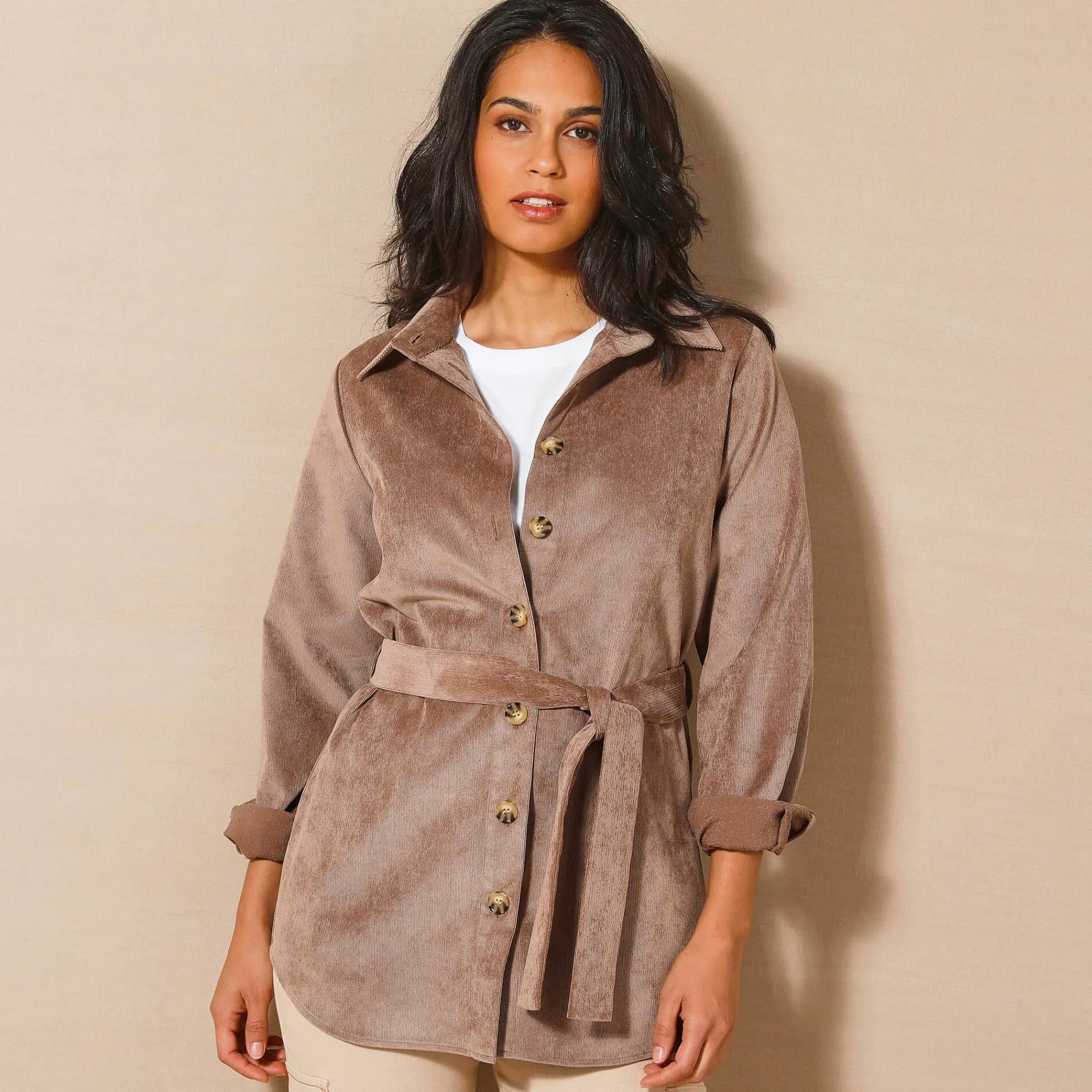 Bloes En Tuniek<Blancheporte Likethemd in velours met ceintuur taupe