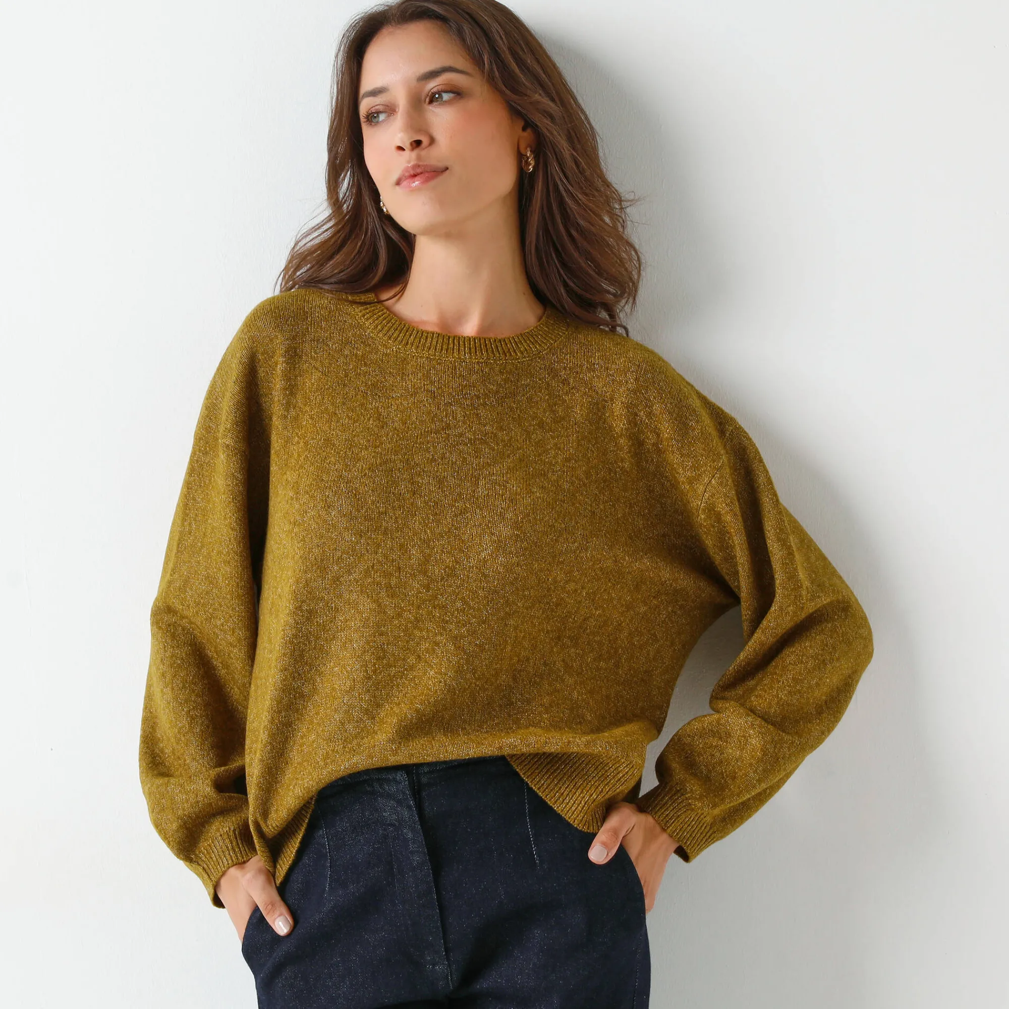 Trui En Vest<Blancheporte Loose trui met bloezende mouwen, chiné tricot in wolmengeling chiné groen
