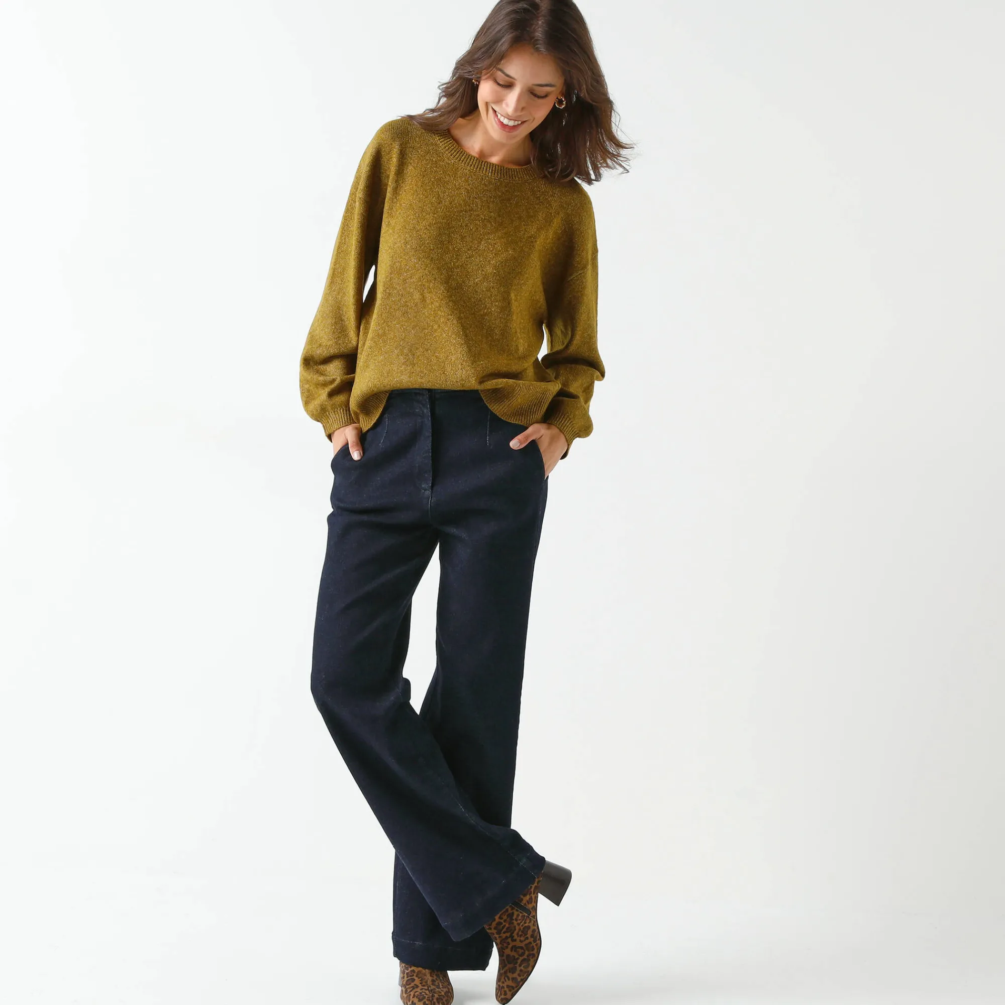Trui En Vest<Blancheporte Loose trui met bloezende mouwen, chiné tricot in wolmengeling chiné groen
