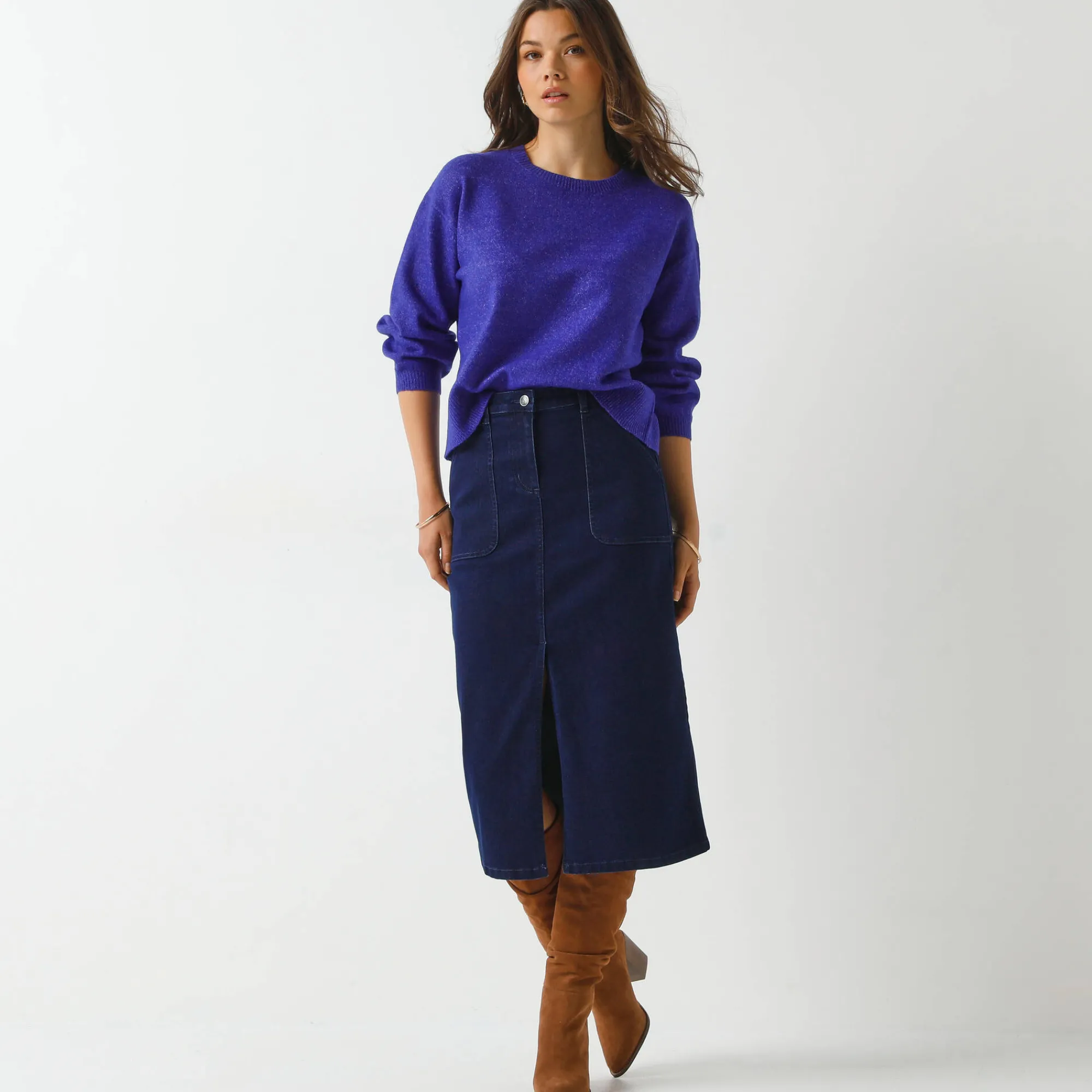 Trui En Vest<Blancheporte Loose trui met bloezende mouwen, chiné tricot in wolmengeling paars