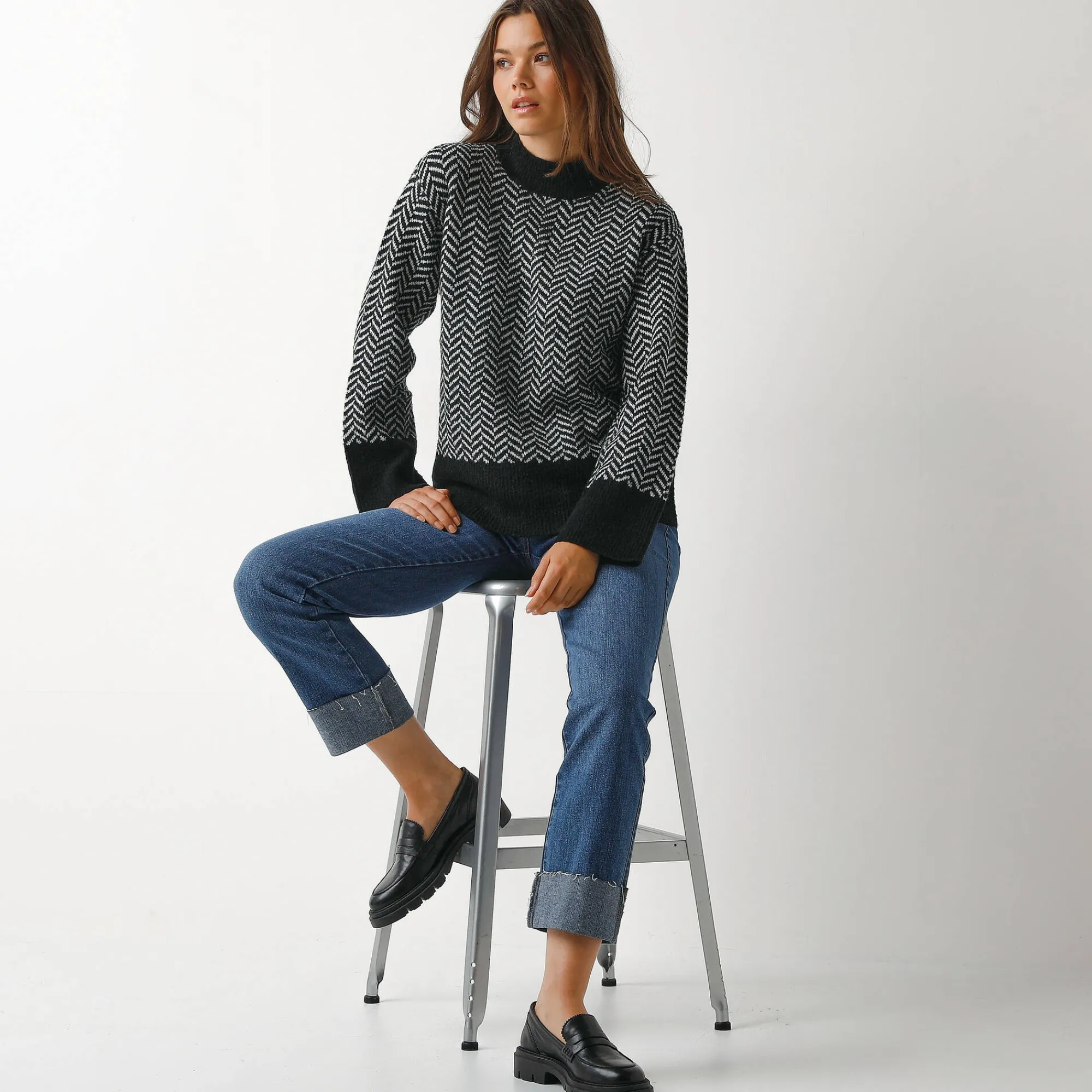 Trui En Vest<Blancheporte Loose trui met opstaande kraag, tweekleurig zwart / ecru