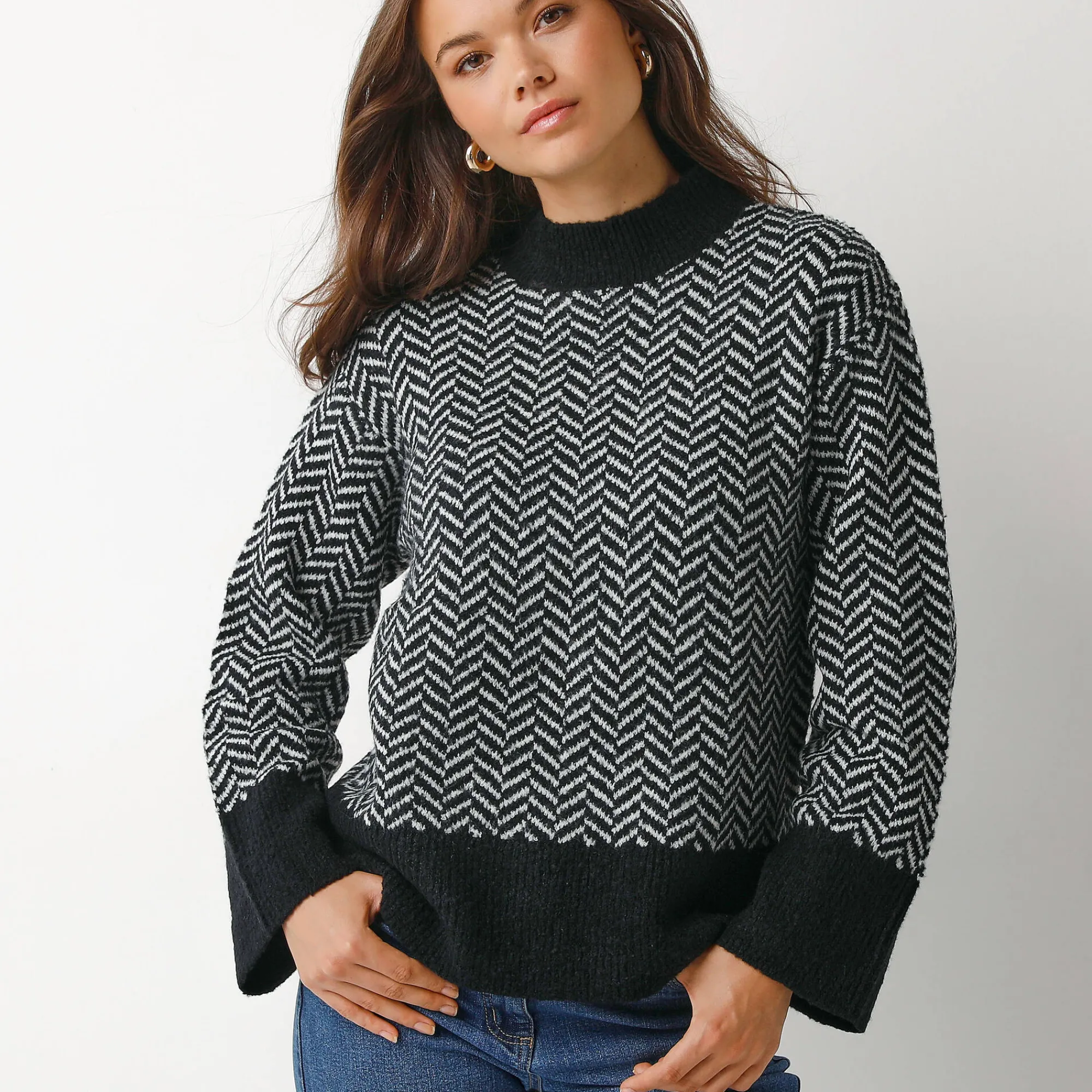 Trui En Vest<Blancheporte Loose trui met opstaande kraag, tweekleurig zwart / ecru