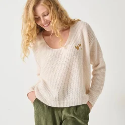 Trui En Vest<Blancheporte Loose trui met V-hals en geborduurde hartjes, patenttricot ecru