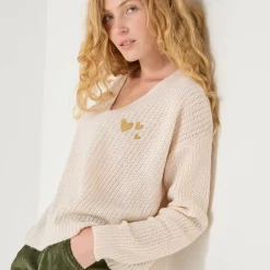 Trui En Vest<Blancheporte Loose trui met V-hals en geborduurde hartjes, patenttricot ecru
